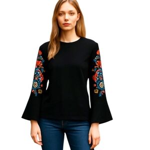 Embroidered long bell sleeves black knit sweater by Belle by Kim Gravel sz XS